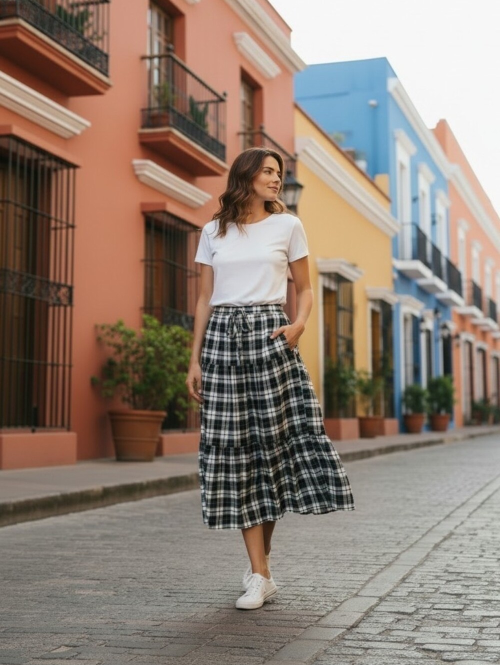 NWT Joie Women's Black White Plaid Tiered A Line Midi Skirt Cotton Linen Blend L